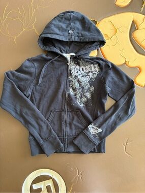 Roxy Black Graphic Zip-Up Hoodie